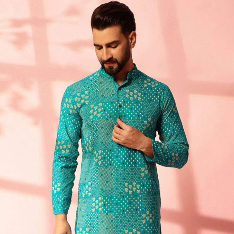 Anouk Floral Printed Band Collar Cotton Linen Straight Kurta