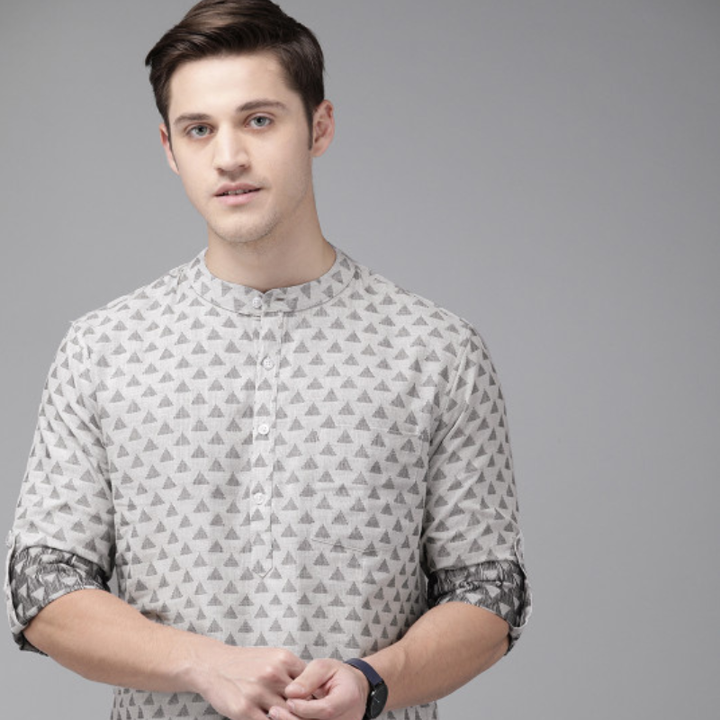 Anouk Men Grey & Black Woven Design Straight Short Kurta