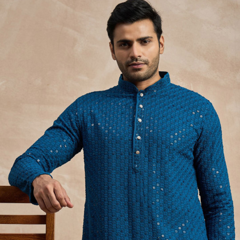 Anouk Floral Embroidered Band Collar Mirror Work Straight Kurta
