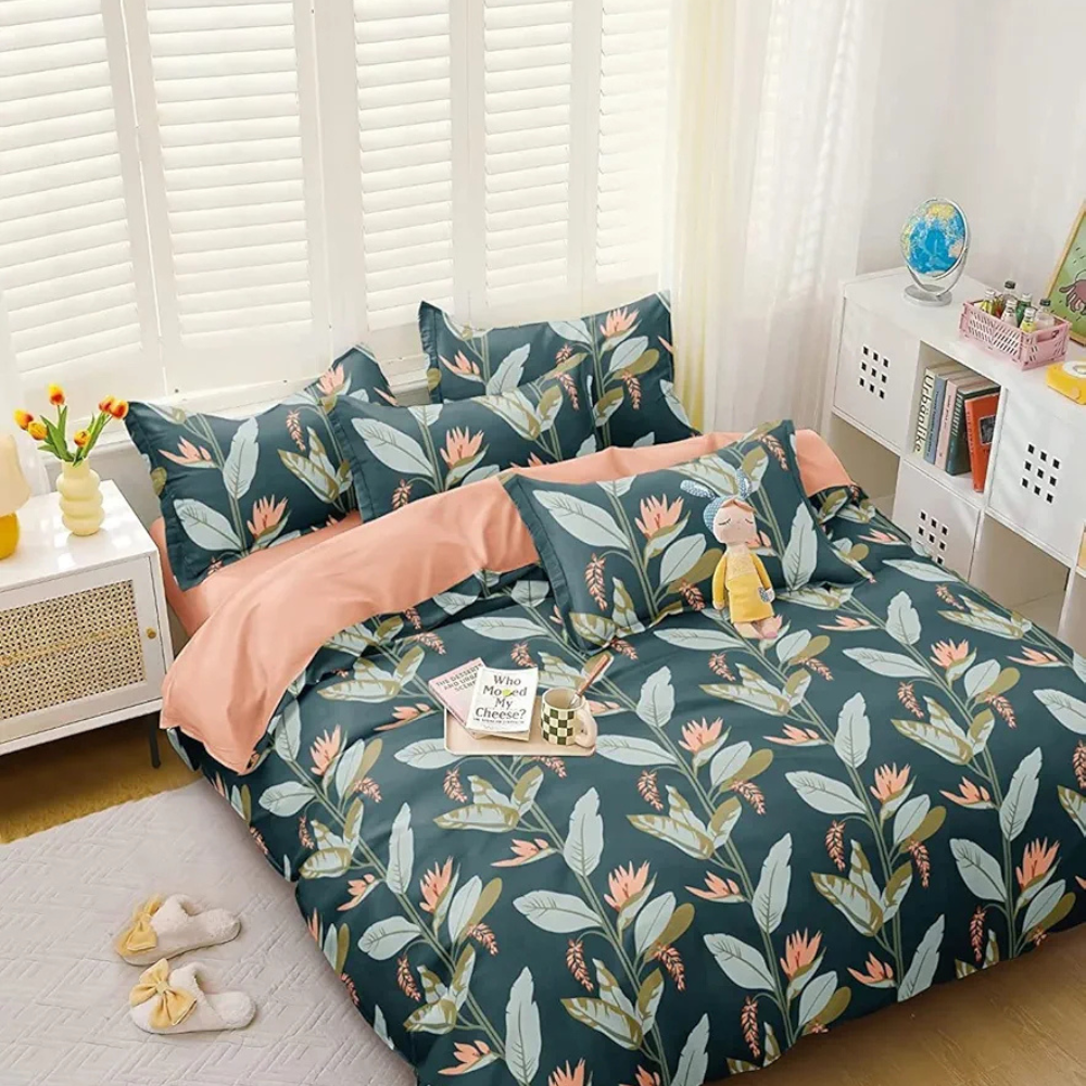 The Home Style Supersoft Cotton King Size Printed Flat Double Bedsheet with 2 Pillow Cover 300 TC Forest Green