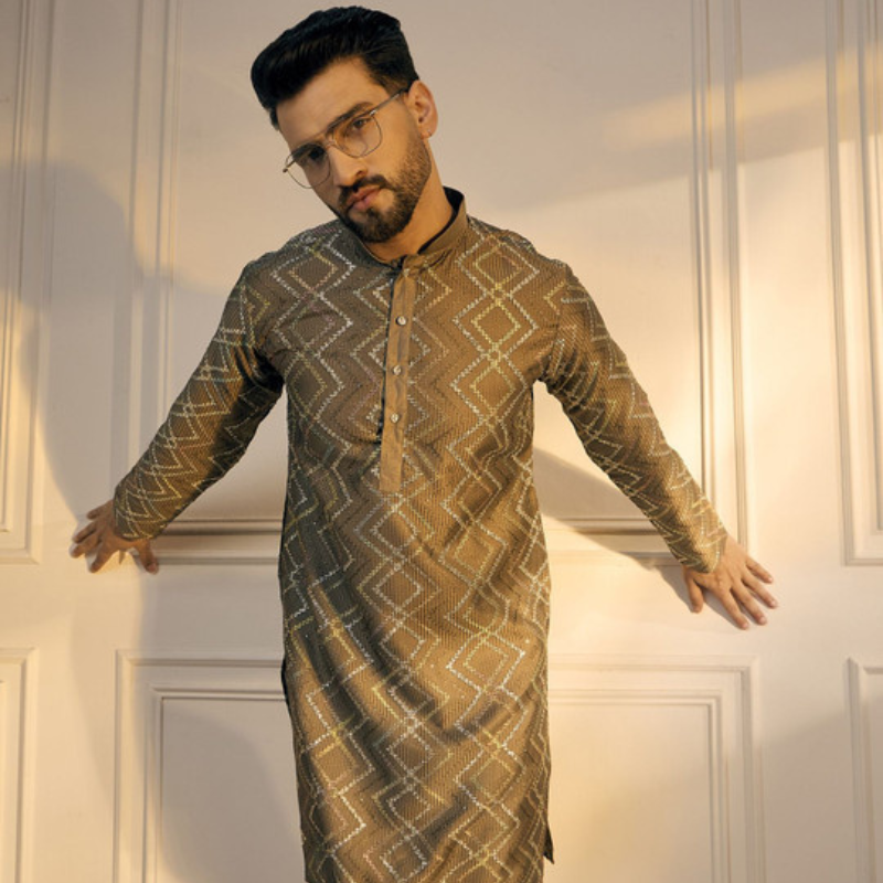 Anouk Grey Chevron Embroidered Gotta Patti Mandarin Collar Pure Cotton Straight Kurta