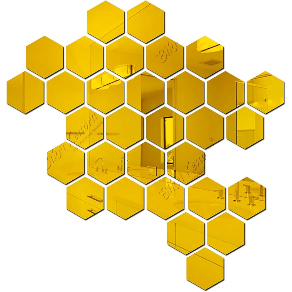 Bikri Kendra 31 Hexagon with 20 Butterfly Golden Mirror Stickers for Wall Mirror