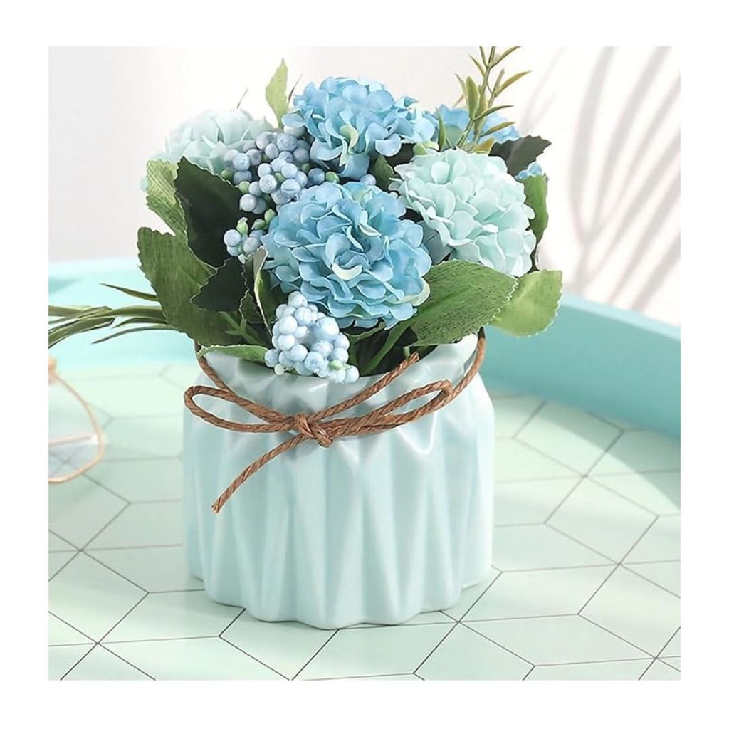 Artificial Flower with Ceramic Vase Hydrangea Bouquet Fake Flower Arrangements