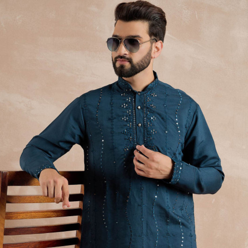 Anouk Floral Embroidered Mandarin Collar Mirror Work Straight Kurta