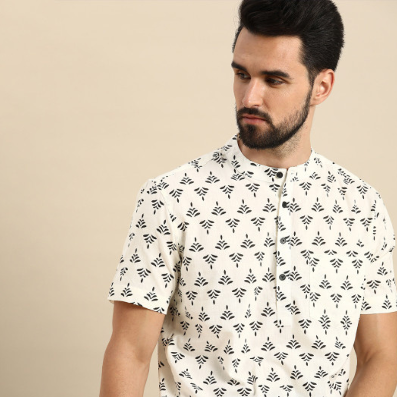 Anouk Men White & Black Ethnic Motifs Printed Short Kurta