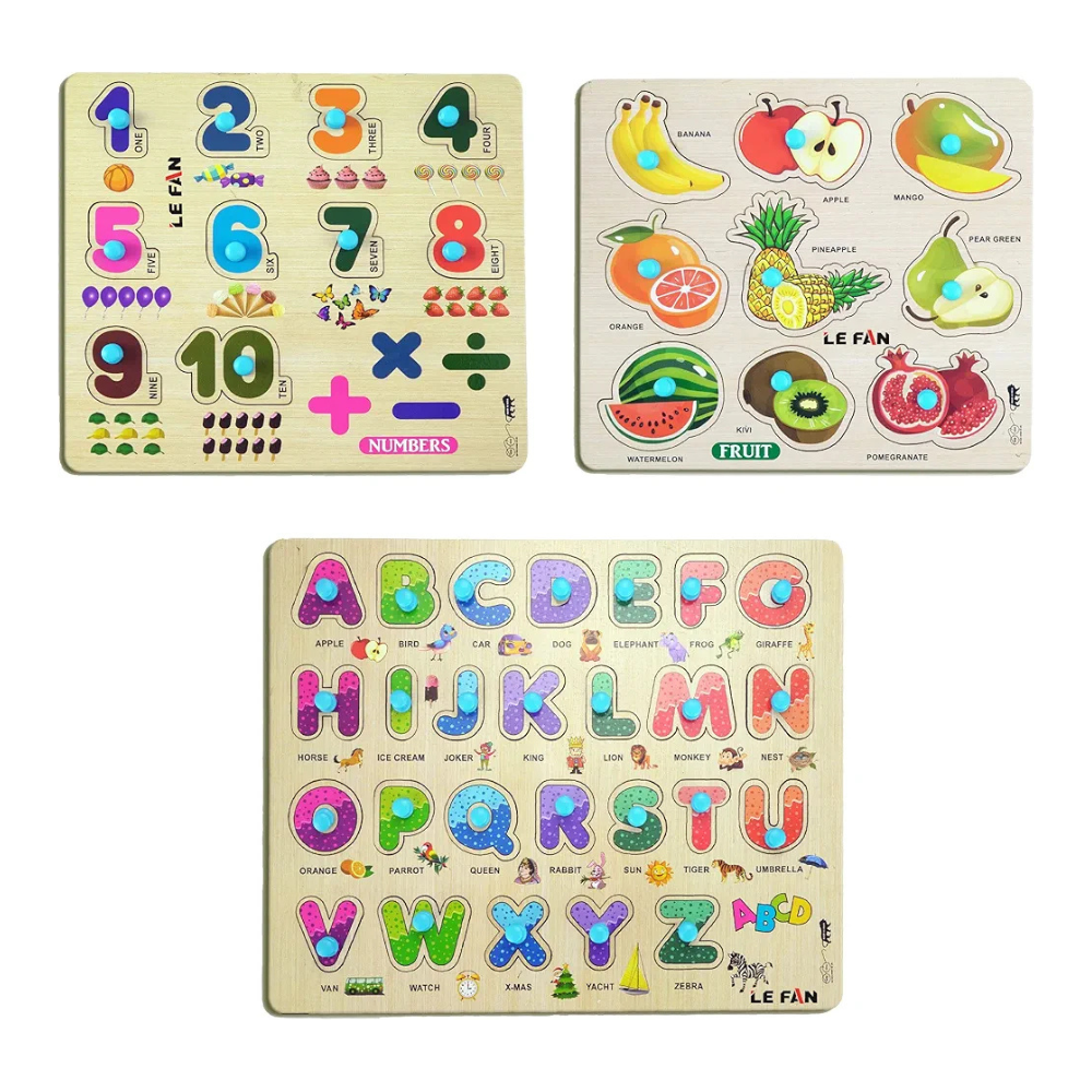 Lefan Kids Fort Pre Nursery Educational Jigsaw Puzzles for Adults Kids Learning Toys Kit Board Game 3 pcs Set of Numbers Alphabets & Fruits Educational Toy