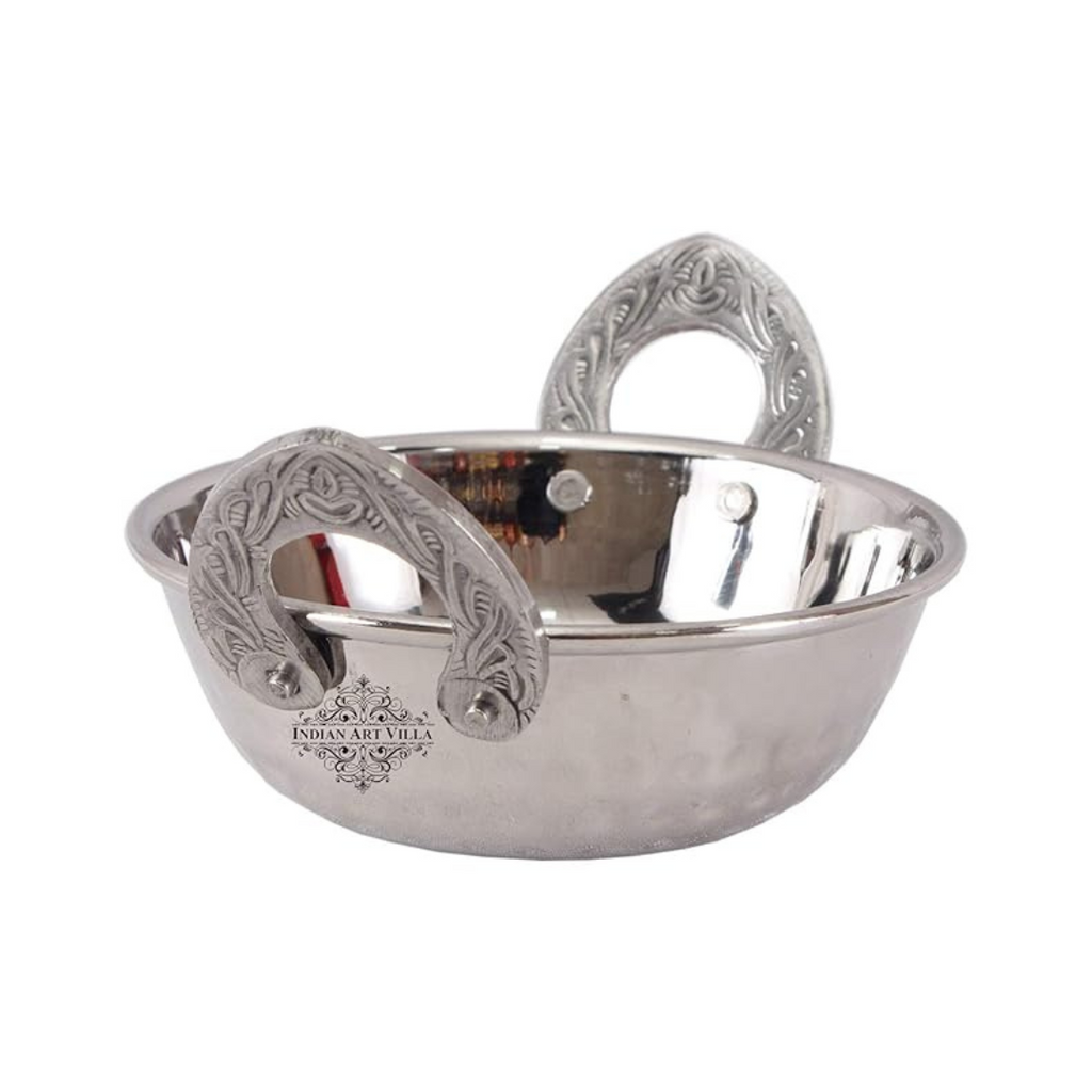 Indian Art Villa Set of 2 Steel Kadhai Kadai Wok with Embossed Handle 510 ml Each