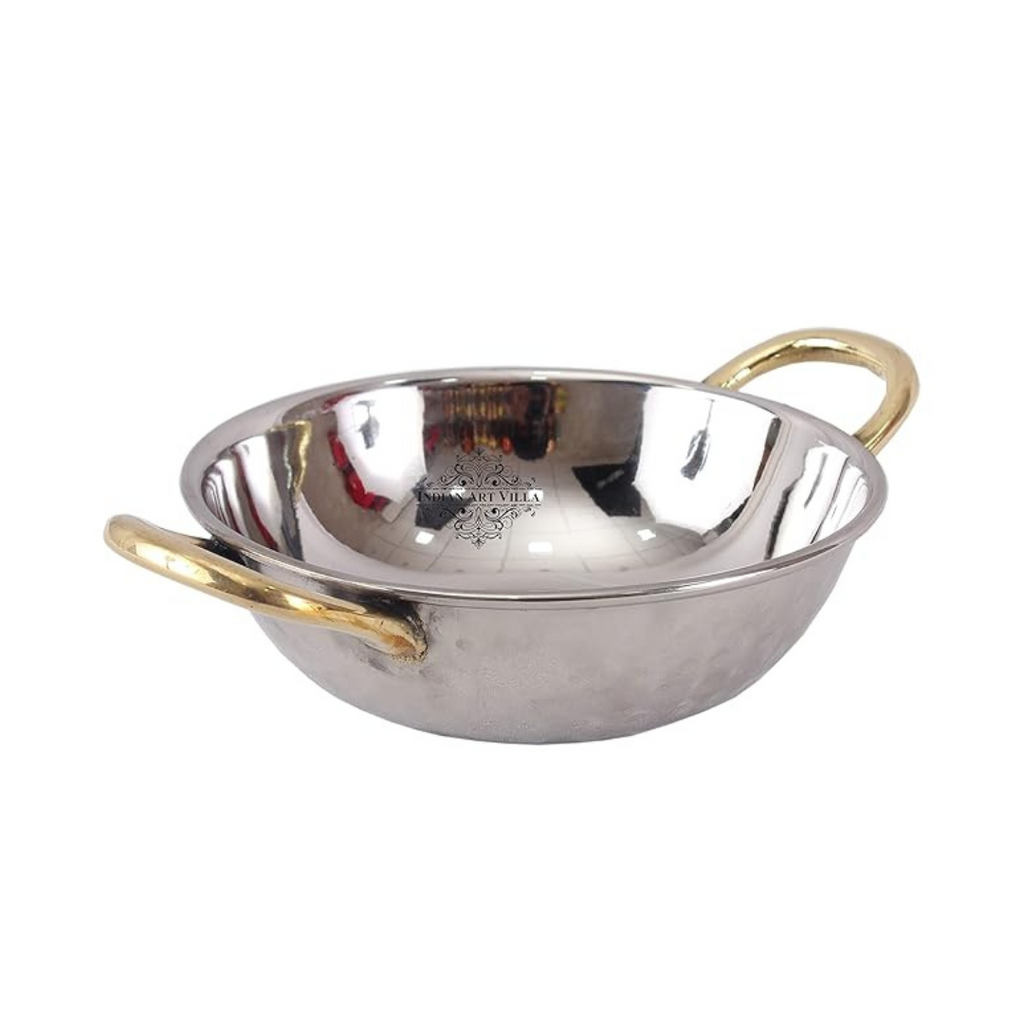 Indian Art Villa Steel Kadhai Wok with Brass Handle 690 ml Capacity - 389 gms