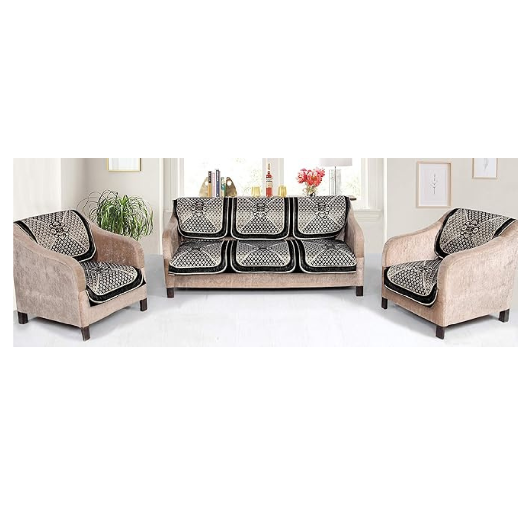 Nendle Velvet Chenille Fabric Sofa Cover Black 5 Seater Pack of 6