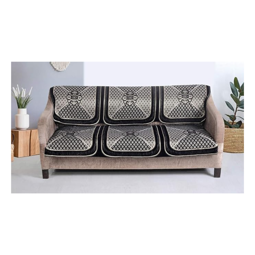 Nendle Velvet Chenille Fabric Sofa Cover Black 5 Seater Pack of 6