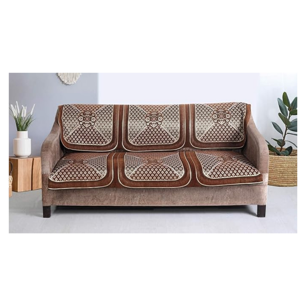 Nendle Velvet Fabric 5 Seater Sofa Cover Yellow Set of 6 Pieces