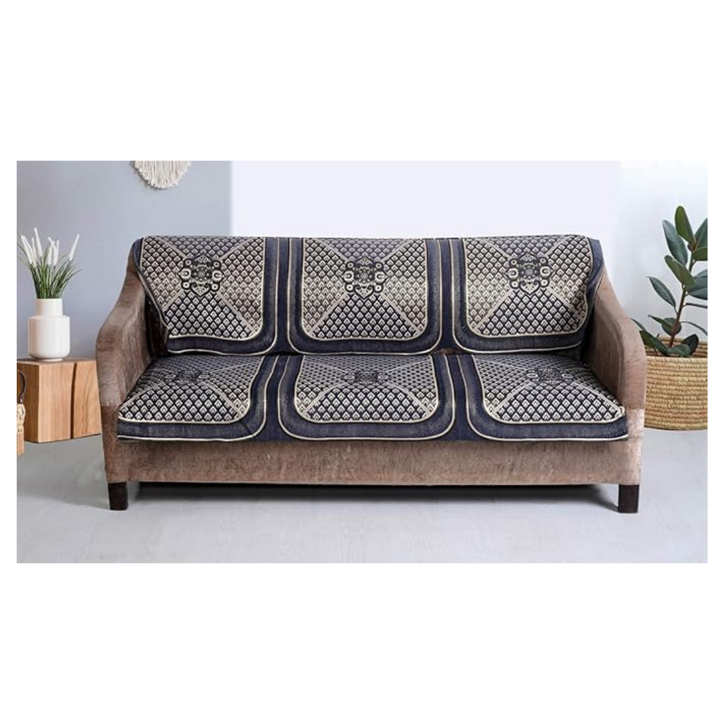 Nendle Chenille Geometric Velvet Fabric 5 Seater Sofa Cover Grey Set of 6 Pieces