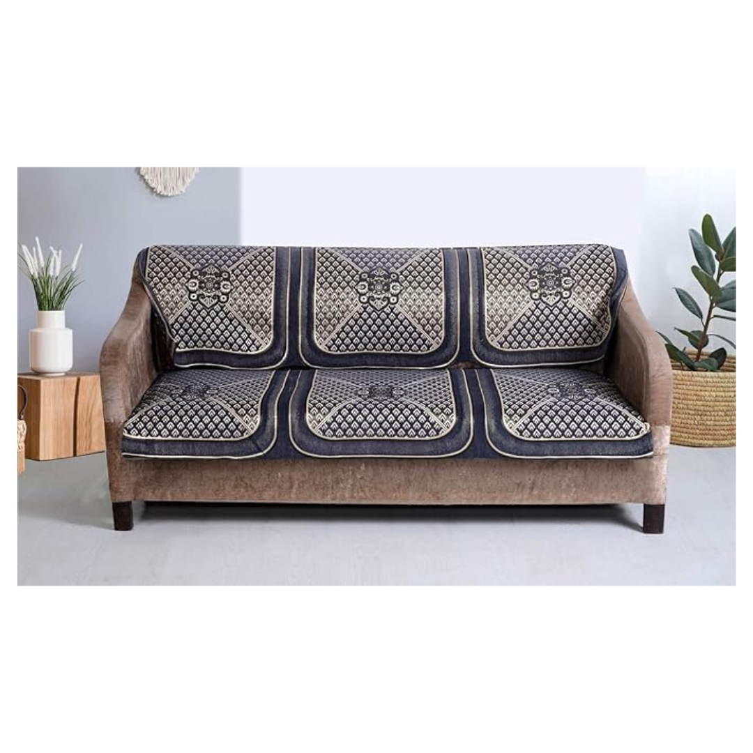 Nendle Chenille Geometric Velvet Fabric 5 Seater Sofa Cover Grey Set of 6 Pieces