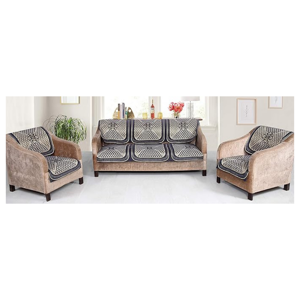 Nendle Chenille Geometric Velvet Fabric 5 Seater Sofa Cover Grey Set of 6 Pieces