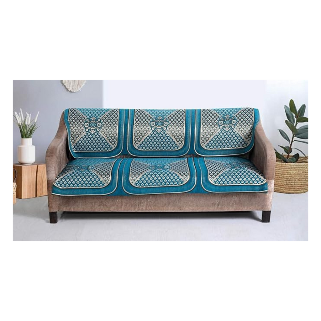 Nendle Velvet Fabric Geometric Sofa Cover Set of 5 Seater (Sky Blue, 6 Pieces)