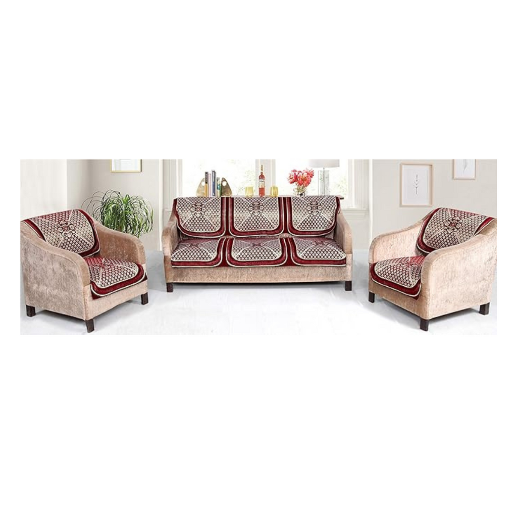 Nendle Chenille Velvet Fabric 5 Seater Sofa Cover (Maroon, Set of 6 Pieces)