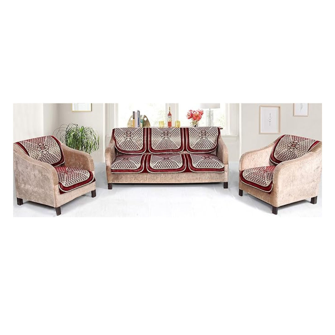 Nendle Chenille Velvet Fabric 5 Seater Sofa Cover (Maroon, Set of 6 Pieces)
