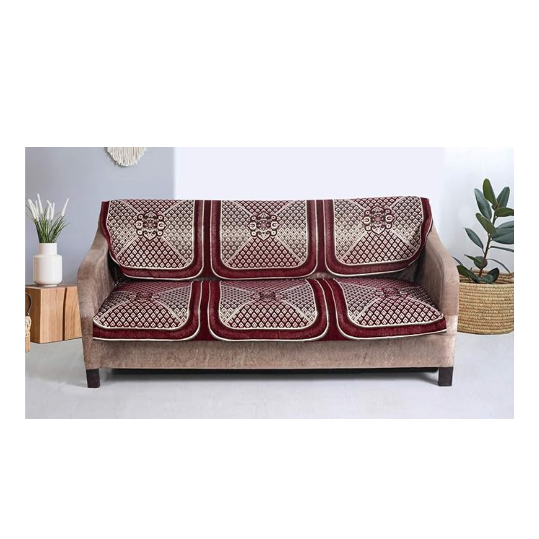 Nendle Chenille Velvet Fabric 5 Seater Sofa Cover (Maroon, Set of 6 Pieces)