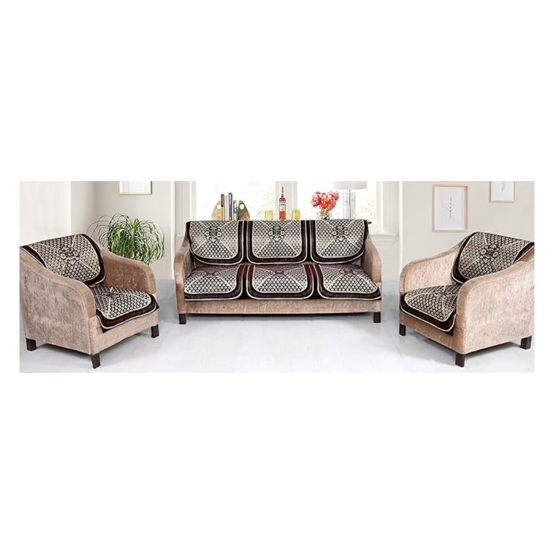 Nendle Velvet Chenille Fabric Sofa Cover Set of 5 Seater (Brown, 6 Pieces)
