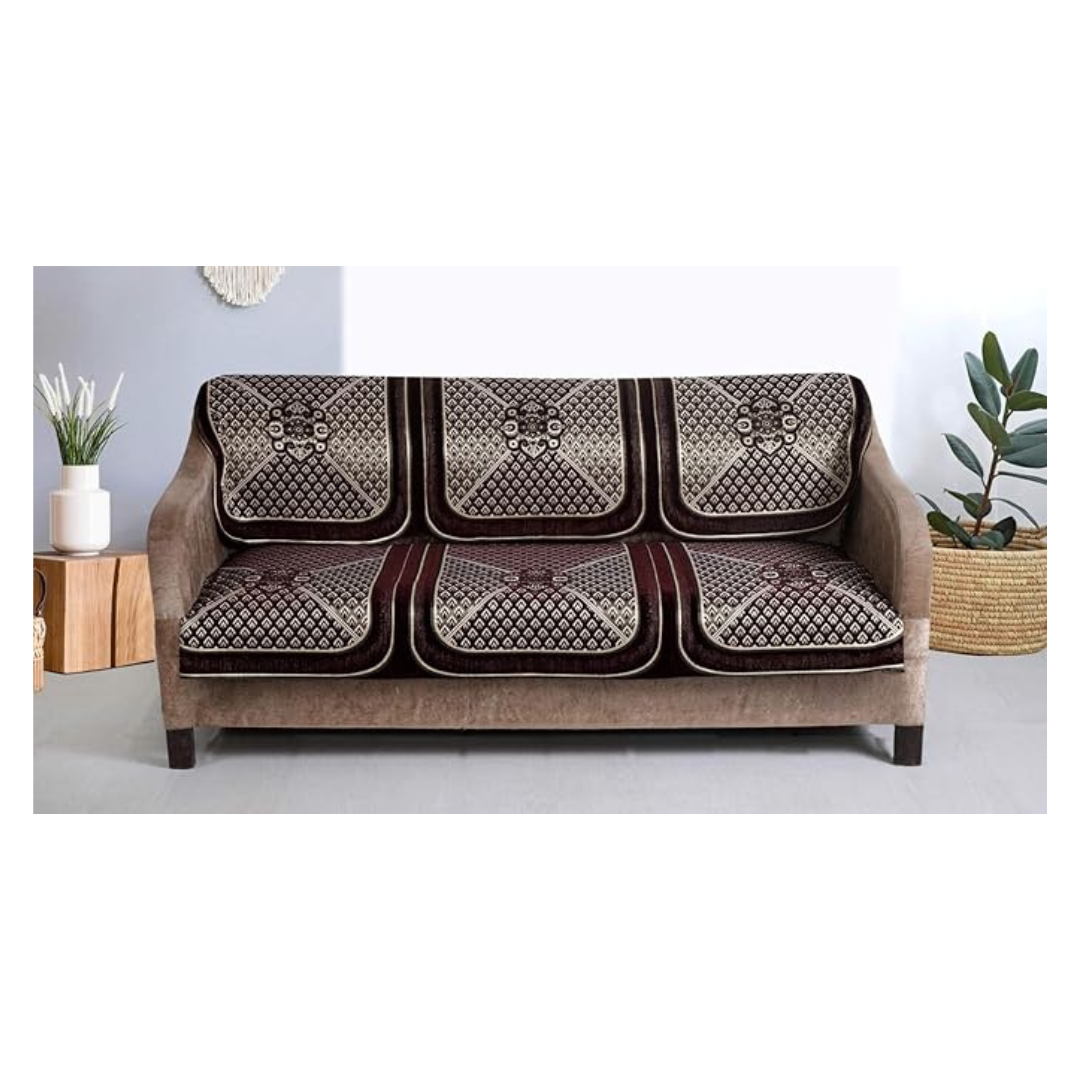 Nendle Velvet Chenille Fabric Sofa Cover Set of 5 Seater (Brown, 6 Pieces)