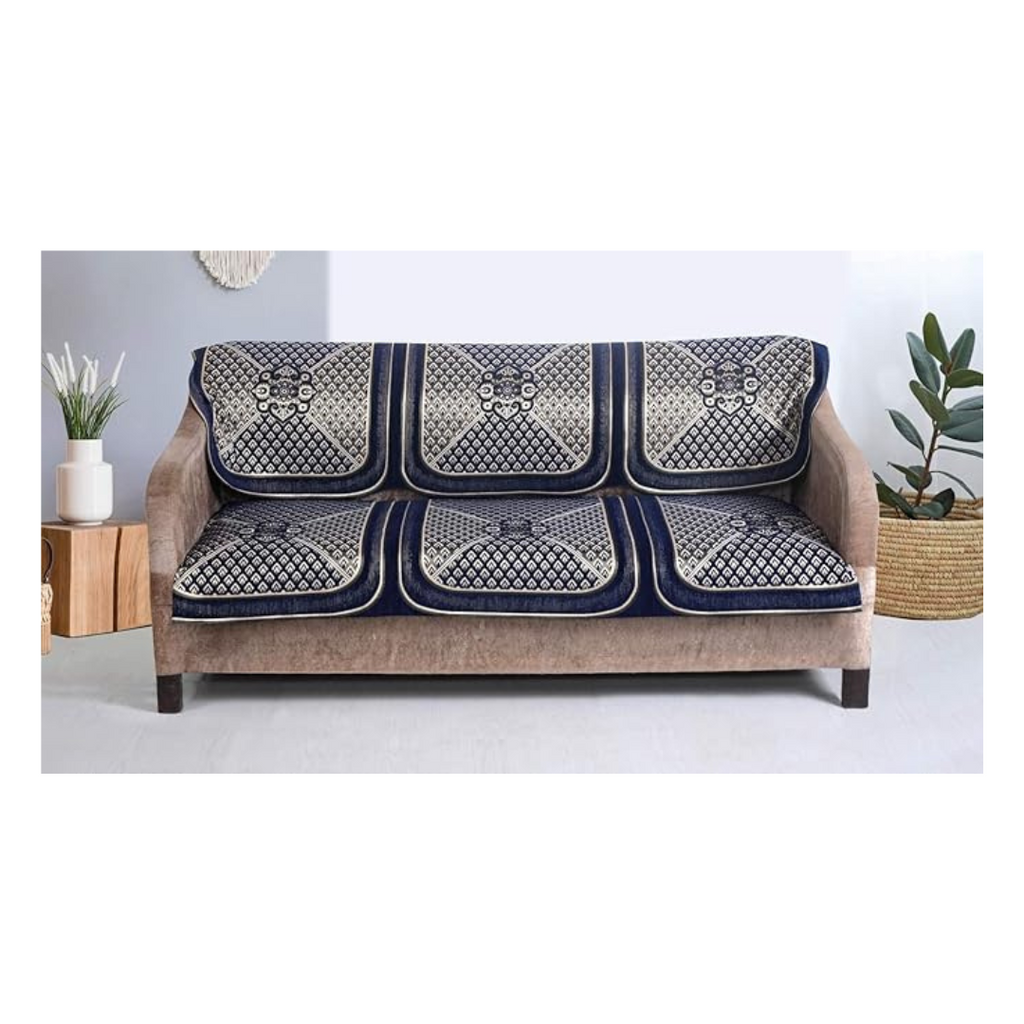 Nendle Velvet Chenille Fabric 5 Seater Sofa Cover (Navy Blue) Set of 6 Pieces