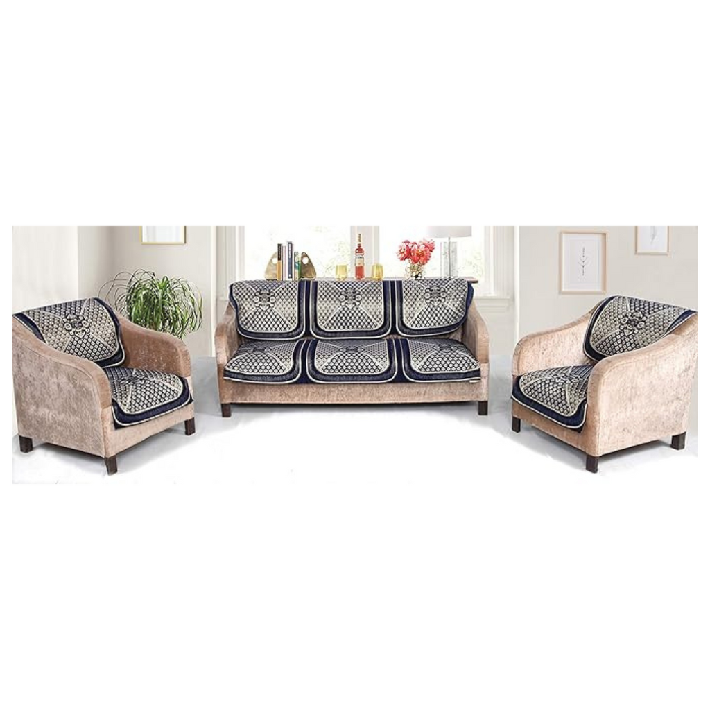 Nendle Velvet Chenille Fabric 5 Seater Sofa Cover (Navy Blue) Set of 6 Pieces