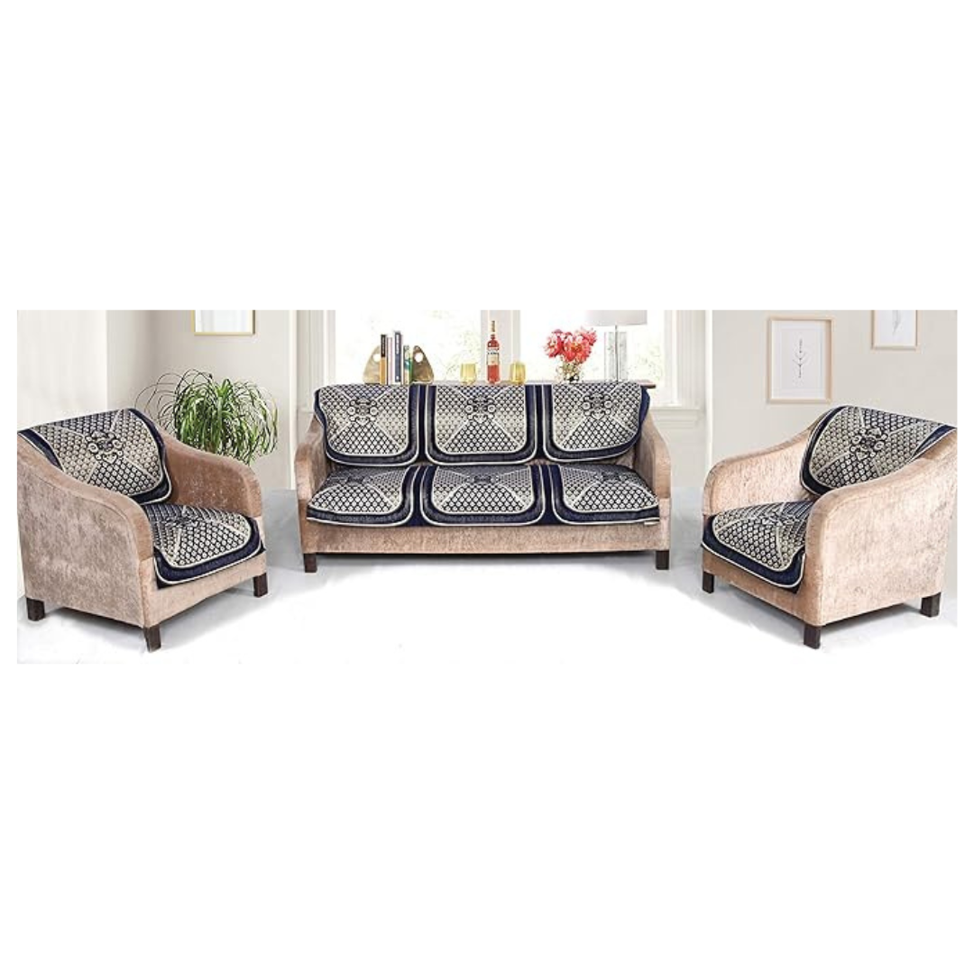 Nendle Velvet Chenille Fabric 5 Seater Sofa Cover (Navy Blue) Set of 6 Pieces
