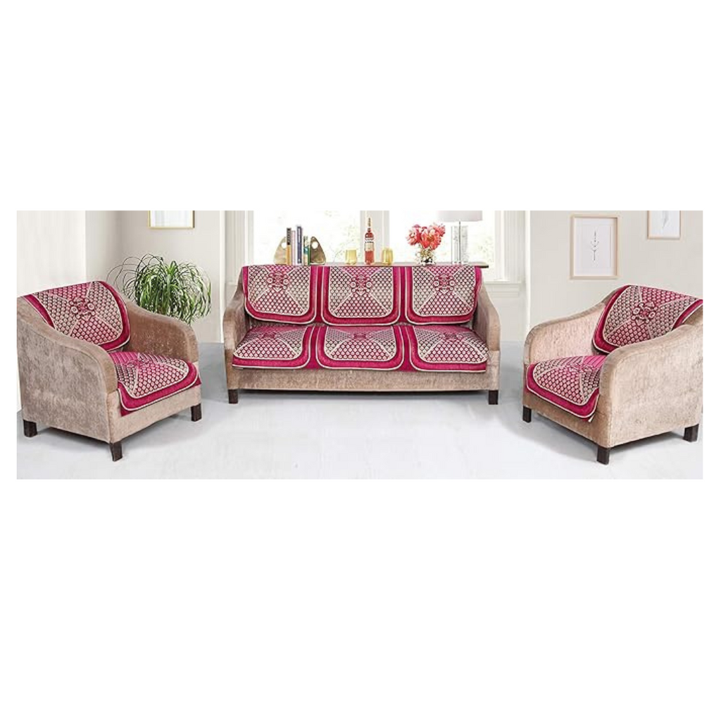 Nendle Chenille Velvet Fabric Sofa Cover Set of 5 Seater (Pink, 6 Pieces)