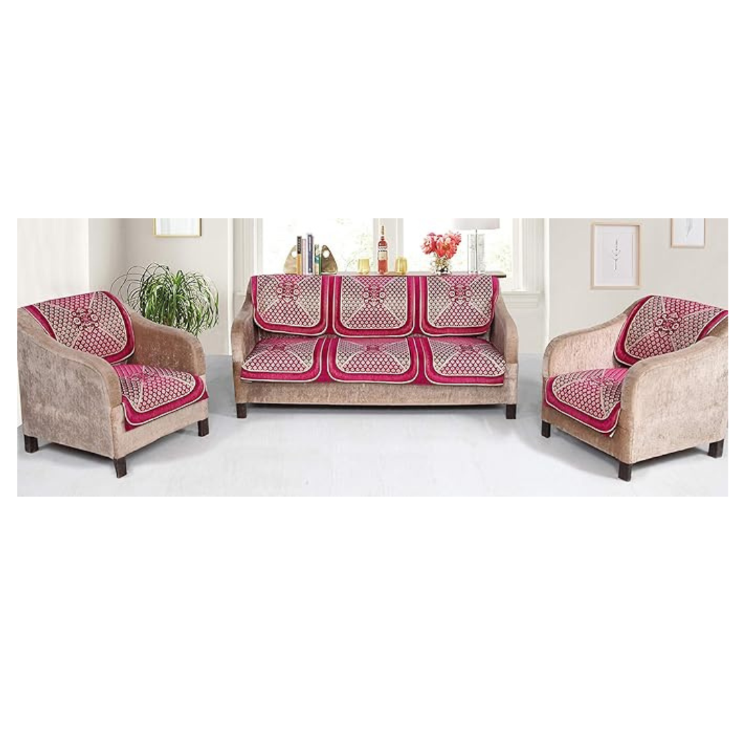 Nendle Chenille Velvet Fabric Sofa Cover Set of 5 Seater (Pink, 6 Pieces)