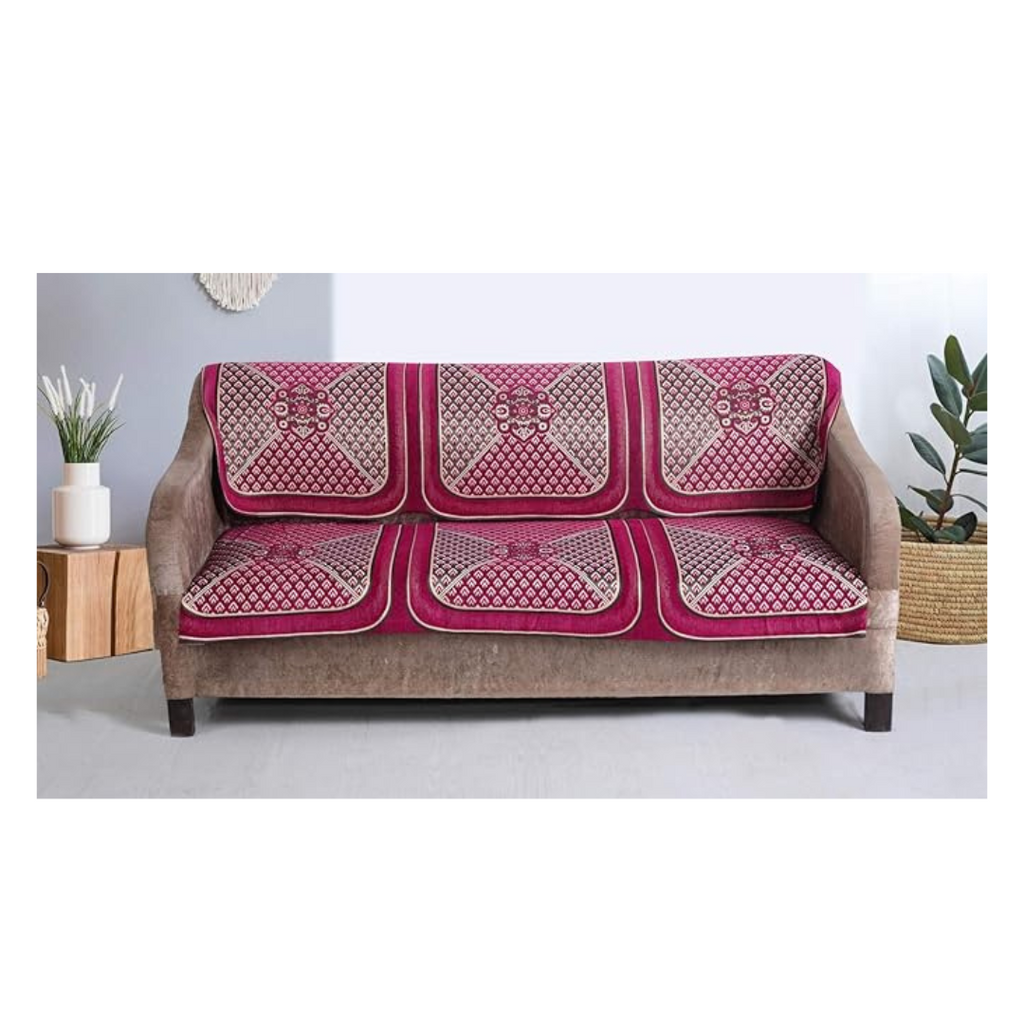 Nendle Chenille Velvet Fabric Sofa Cover Set of 5 Seater (Pink, 6 Pieces)