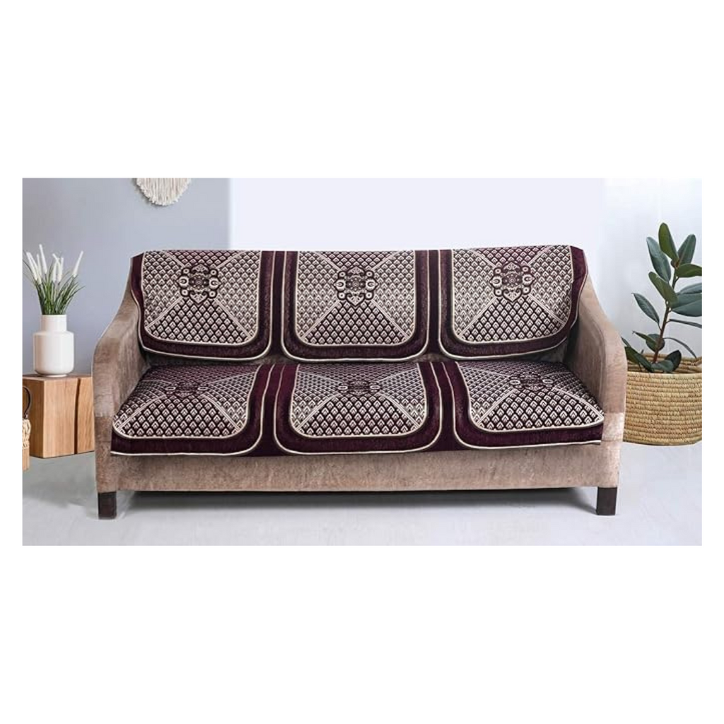 Nendle Chenille Velvet Fabric Sofa Cover Set of 5 Seater (Wine, 6 Pieces)
