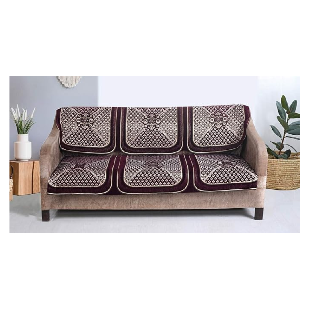 Nendle Chenille Velvet Fabric Sofa Cover Set of 5 Seater (Wine, 6 Pieces)