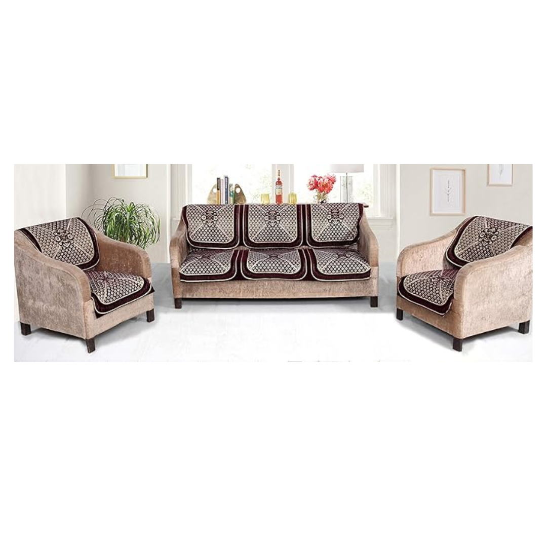 Nendle Chenille Velvet Fabric Sofa Cover Set of 5 Seater (Wine, 6 Pieces)