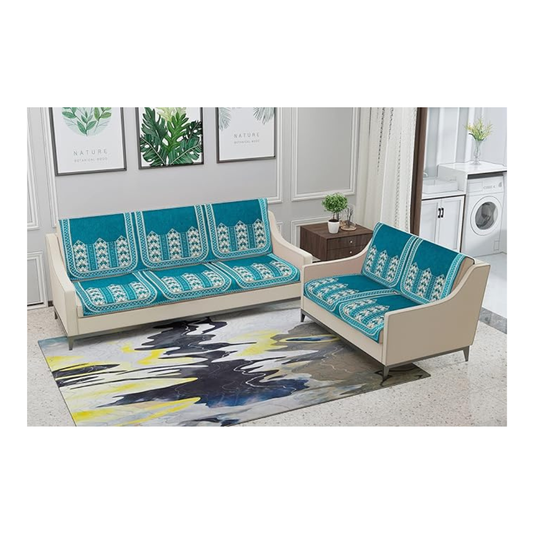 Nendle Luxurious Soft Velvet Abstract Design Sofa Cover 3 Seater and 2 Seater Pack of 4 Sky Blue Colour
