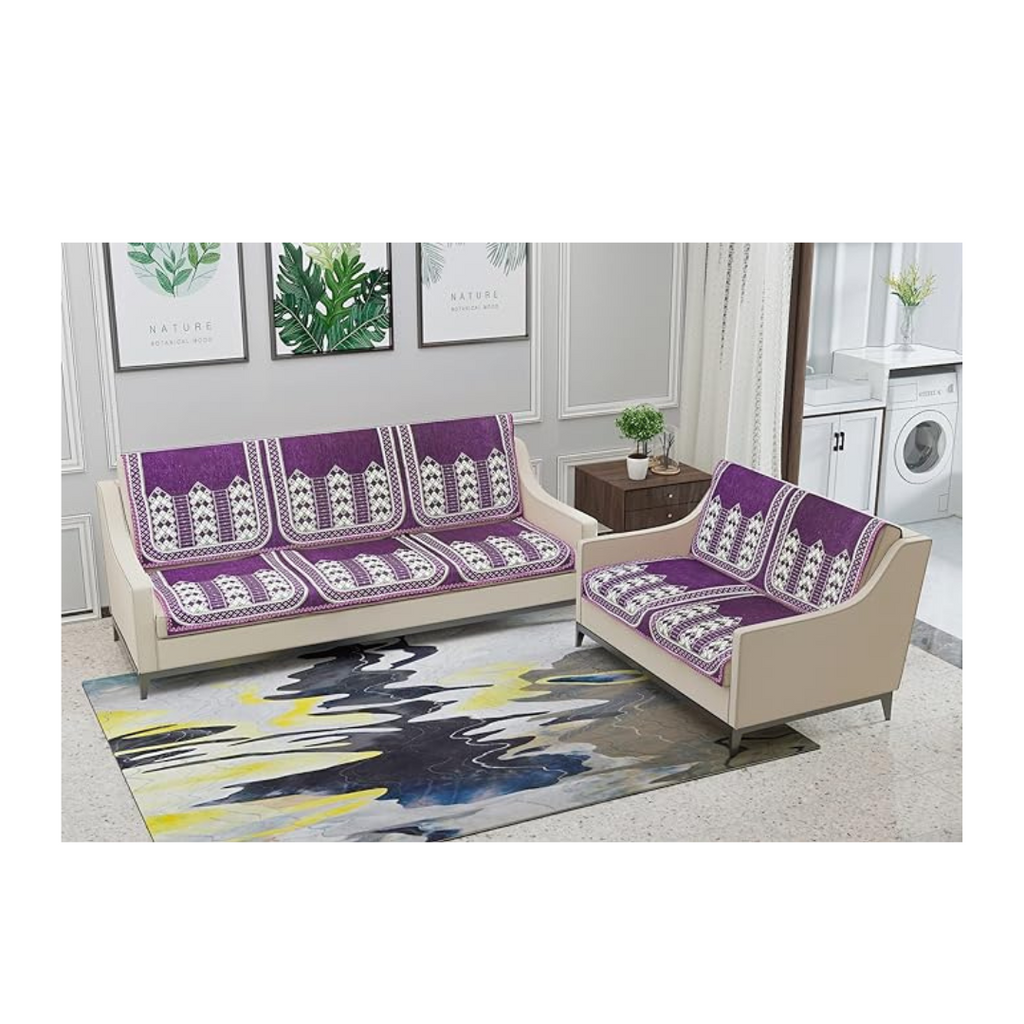 Nendle Luxurious Soft Velvet Abstract Design Sofa Cover 3 Seater and 2 Seater L Shape Sofa Cover 5 Seater (Pack of 4, Purple)