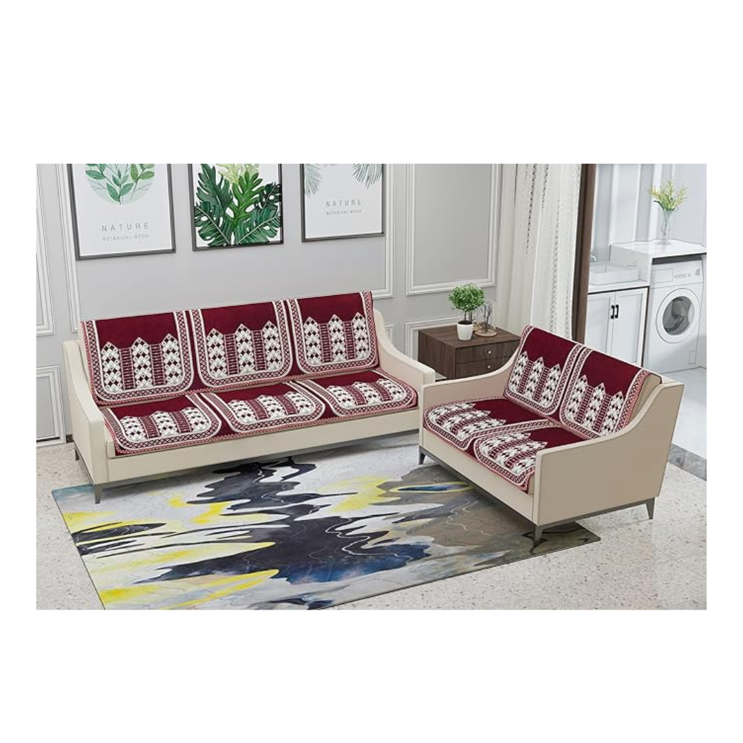 Nendle Luxurious Soft Velvet Abstract Design Sofa Cover 3 Seater and 2 Seater 5 Seater (Pack of 4, Maroon)
