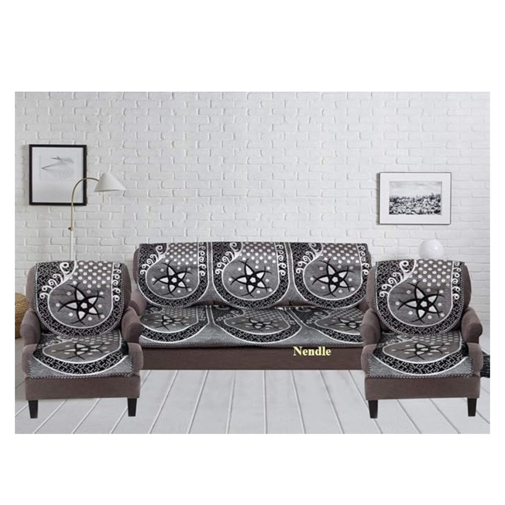 Nendle Damask Design Concept 5 Seater Sofa Set Covers with Cotton & Polyester (Black & White, Standard Size) Pack of 6