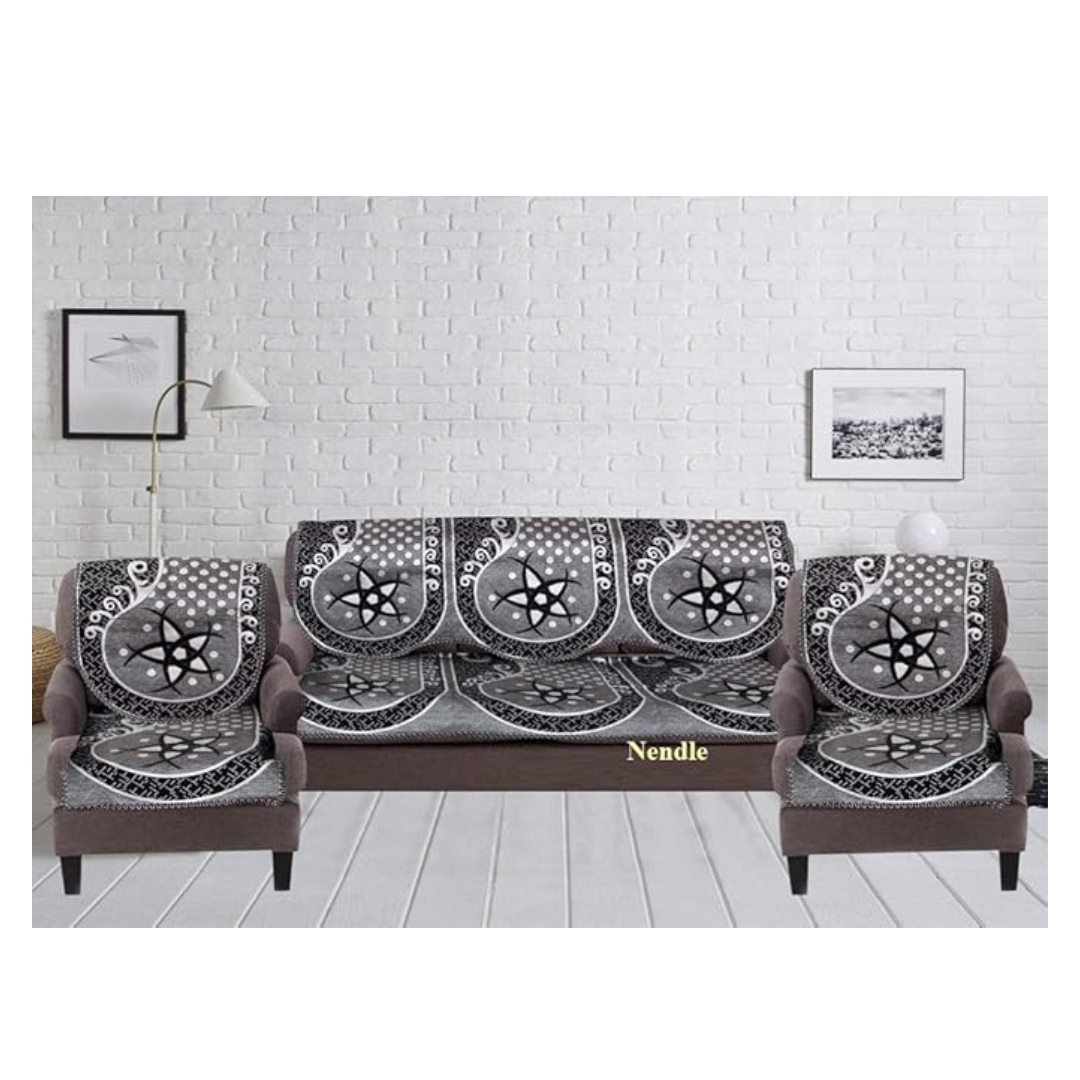 Nendle Damask Design Concept 5 Seater Sofa Set Covers with Cotton & Polyester (Black & White, Standard Size) Pack of 6