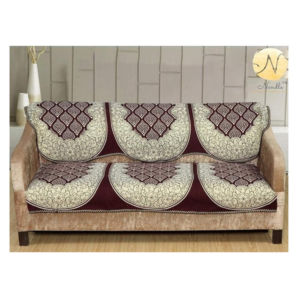 Nendle Luxurious Cotton Abstract Design 5 Seater Sofa Cover Set- 6 Pieces (Brown)
