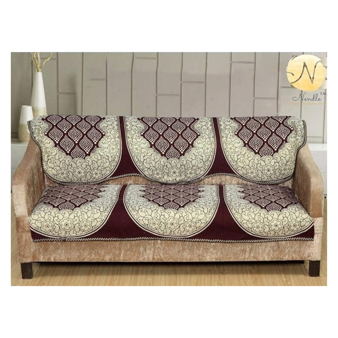 Nendle Luxurious Cotton Abstract Design 5 Seater Sofa Cover Set- 6 Pieces (Brown)