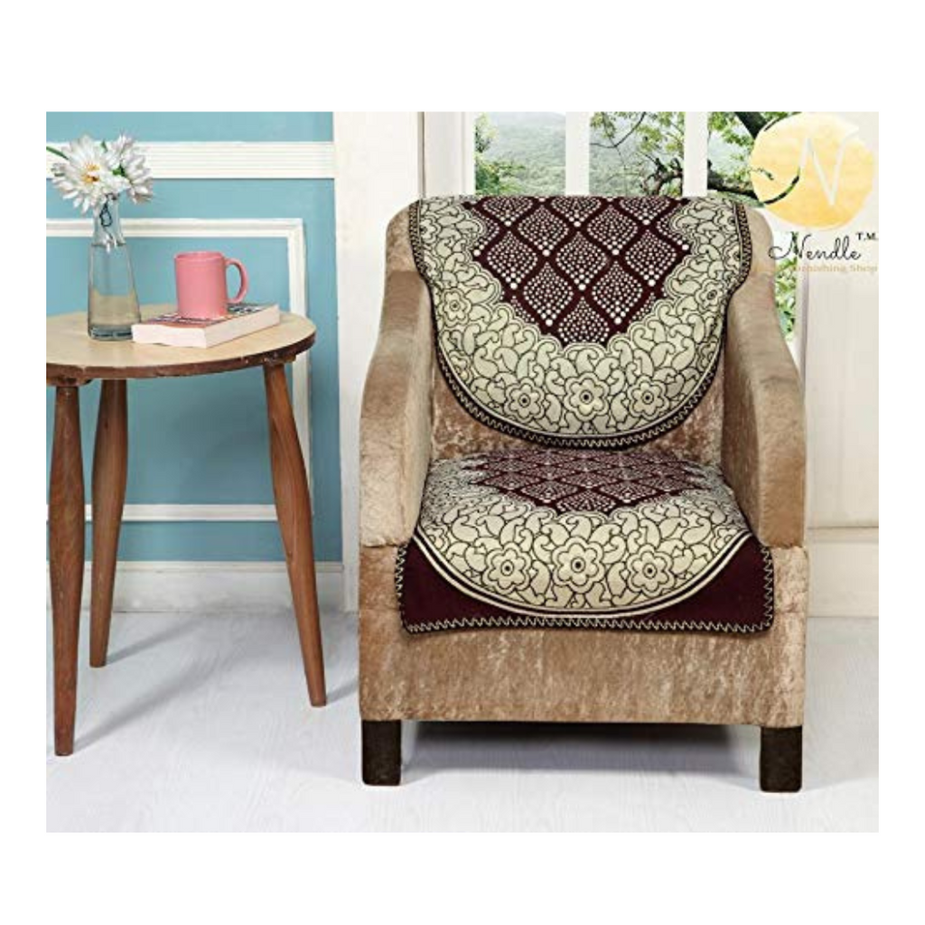 Nendle Luxurious Cotton Abstract Design 5 Seater Sofa Cover Set- 6 Pieces (Brown)