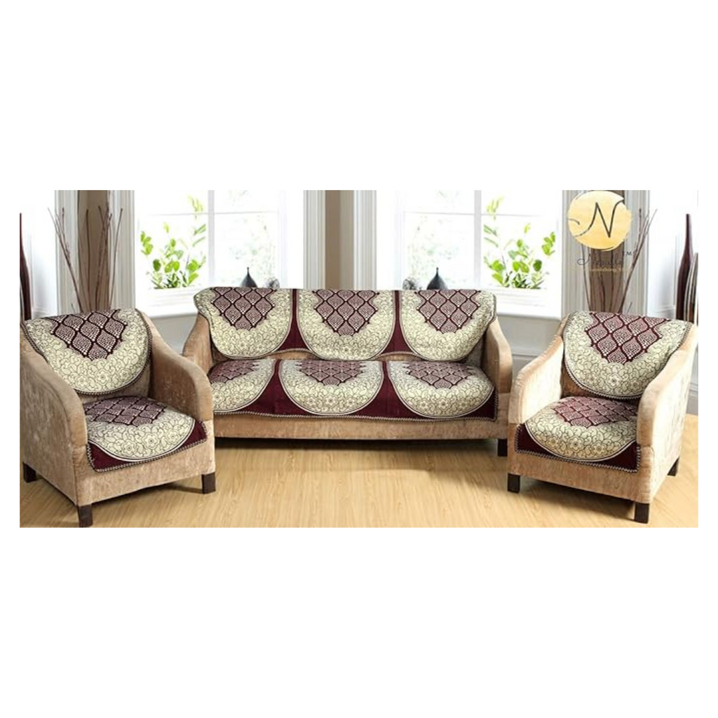 Nendle Luxurious Cotton Abstract Design 5 Seater Sofa Cover Set- 6 Pieces (Brown)