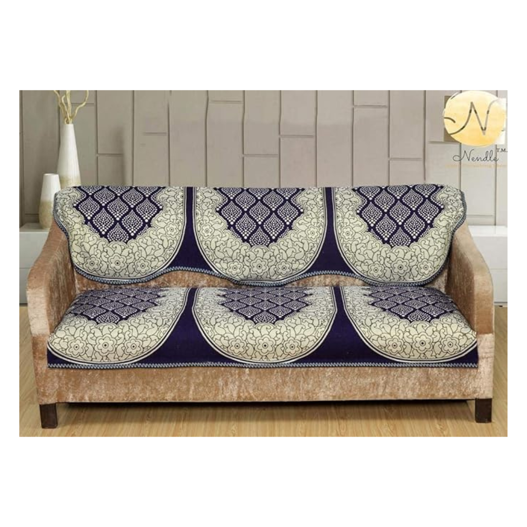 Nendle Luxurious Cotton Abstract Design 5 Seater Sofa Cover Set (Violet, 6 Pieces)