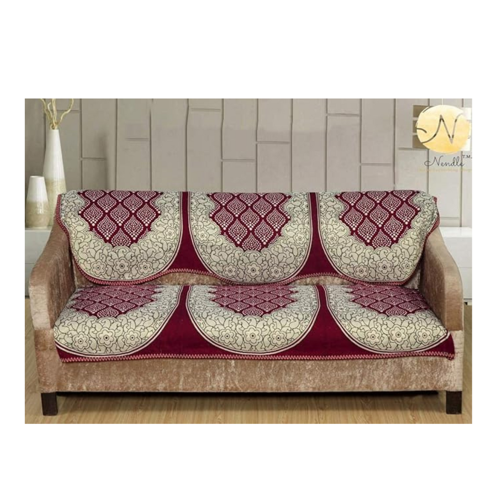 Nendle Luxurious Cotton Abstract Design 5 Seater Sofa Cover Set (Maroon, 6 Pieces)
