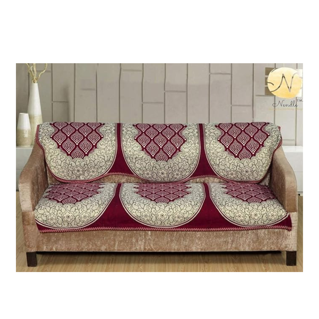 Nendle Luxurious Cotton Abstract Design 5 Seater Sofa Cover Set (Maroon, 6 Pieces)