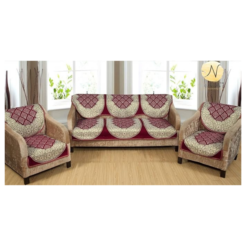 Nendle Luxurious Cotton Abstract Design 5 Seater Sofa Cover Set (Maroon, 6 Pieces)