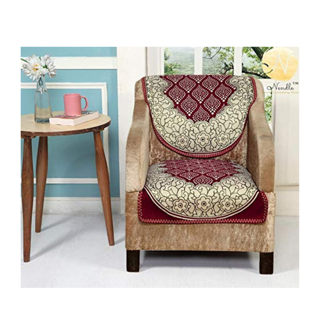 Nendle Luxurious Cotton Abstract Design 5 Seater Sofa Cover Set (Maroon, 6 Pieces)