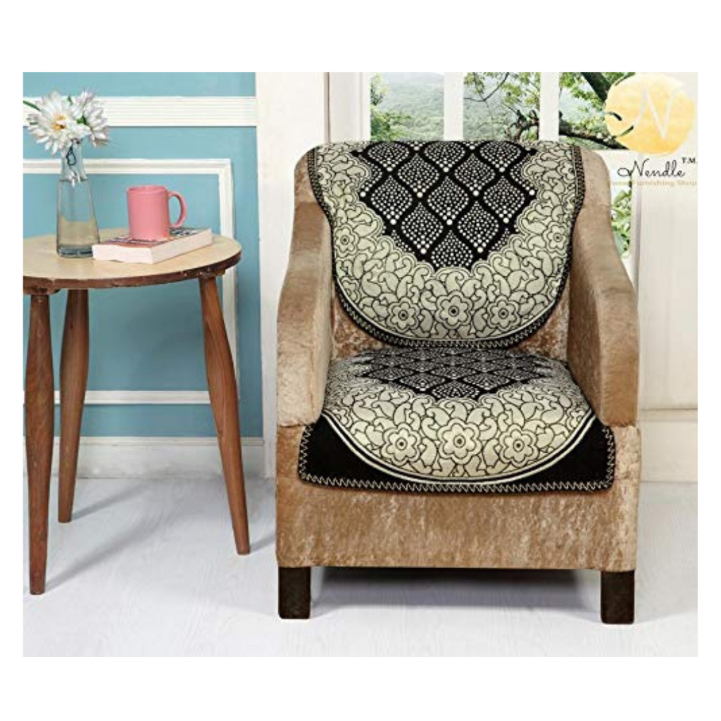 Nendle Luxurious Cotton Abstract Design 5 Seater Sofa Cover Set- 6 Pieces (Black)