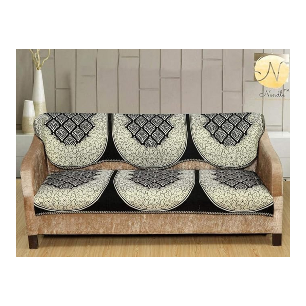 Nendle Luxurious Cotton Abstract Design 5 Seater Sofa Cover Set- 6 Pieces (Black)