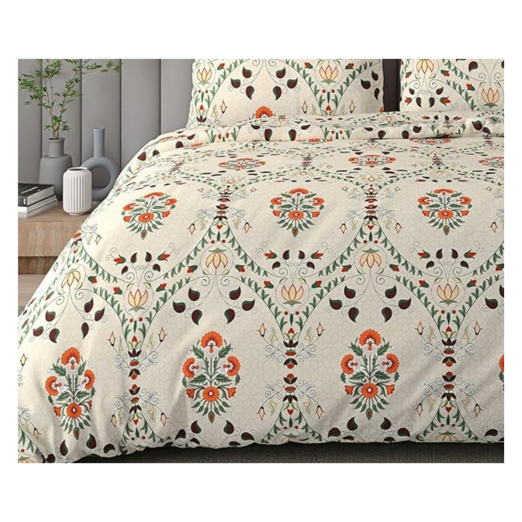 Decomizer Cotton Feel Printed King Size Double Bed Bedsheet With 2 Pillow Covers Beige Jaipuri Colour